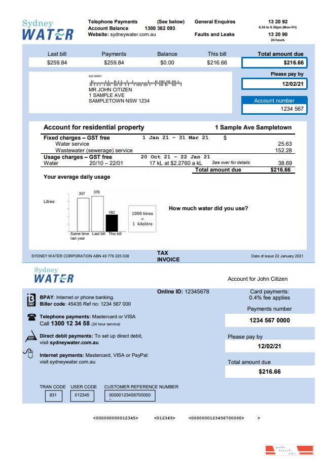 Australia Sydney water utility bill